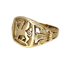 Load image into Gallery viewer, Preowned 9ct Yellow Gold Welsh Dragon Signet Ring with three feathers symbols on the shoulders. The ring is in size X with the weight 8.30 grams. The front of the ring is 16mm high
