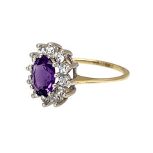 Load image into Gallery viewer, Preowned 9ct Yellow and White Gold Amethyst &amp; Cubic Zirconia Set Cluster Ring in size M with the weight 2 grams. The amethyst stone is 8mm by 6mm
