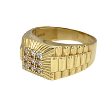 Load image into Gallery viewer, Preowned 9ct Yellow Gold &amp; Cubic Zirconia Set Watch Strap Style Signet Ring in size U with the wight 5.10 grams. The front of the ring is 11mm high
