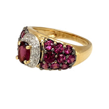 Load image into Gallery viewer, Preowned 9ct Yellow and White Gold Diamond &amp; Pink Tourmaline Set Dress Ring in size J with the weight 3.10 grams. The center stone is 6mm by 4mm
