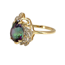 Load image into Gallery viewer, Preowned 9ct Yellow and White Gold Diamond &amp; Mystic Topaz Set Teardrop Ring in size M to N with the weight 2.40 grams. The topaz stone is 10mm by 7mm
