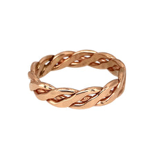 Load image into Gallery viewer, Preowned 9ct Rose Welsh Gold Celtic Weave Band Ring in size Q with the weight 3.60 grams. The band is 4mm wide
