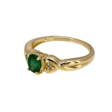 Load image into Gallery viewer, Preowned 9ct Yellow Gold Diamond &amp; Green Stone Set Ring in size M with the weight 2 grams. The emerald stone is 5mm by 4mm
