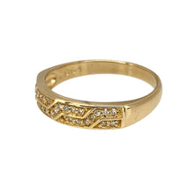 Load image into Gallery viewer, Preowned 9ct Yellow Gold &amp; Diamond Set Patterned Band Ring in size Q with the weight 2.50 grams. The front of the band is 5mm wide
