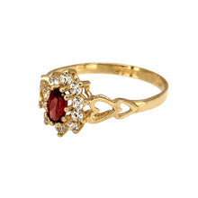 Load image into Gallery viewer, Preowned 9ct Yellow Gold Pink Stone &amp; Cubic Zirconia Set Cluster Ring in size M with the weight 1.30 grams. The ruby coloured pink/red stone is 5mm by 3mm
