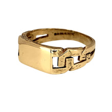 Load image into Gallery viewer, Preowned 9ct Yellow Gold Signet Ring in size T with the weight 3.90 grams. The front of the ring is 8mm wide and the shoulders are open curb style
