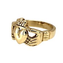 Load image into Gallery viewer, Preowned 9ct Yellow Gold Claddagh Ring in size V with the weight 8.20 grams. The front of the ring is 15mm high
