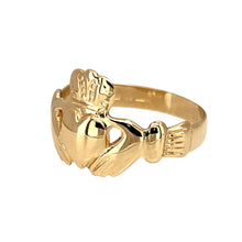 Load image into Gallery viewer, Preowned 9ct Yellow Gold Claddagh Ring in size M with the weight 2.30 grams. The front of the ring is 12mm high
