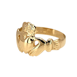 Preowned 9ct Yellow Gold Claddagh Ring in size M with the weight 2.30 grams. The front of the ring is 12mm high