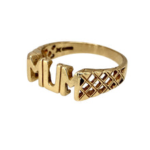 Load image into Gallery viewer, Preowned 9ct Yellow Gold Mum Ring in size P with the weight 2.90 grams. The front of the ring is 6mm high and the shoulders are an open basket style
