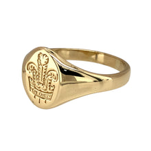 Load image into Gallery viewer, Preowned 9ct Yellow Gold Welsh Three Feathers Oval Signet Ring in size Y with the weight 5.40 grams. The front of the ring is 13mm high
