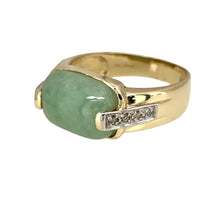 Load image into Gallery viewer, Preowned 9ct Yellow Gold Diamond &amp; Jade Set Ring in size Q with the weight 5.20 grams. The jade stone is 9mm by 14mm
