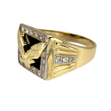 Load image into Gallery viewer, Preowned 9ct Yellow and White Gold Onyx backed &amp; Cubic Zirconia Set Eagle Signet Ring in size Y with the weight 9.30 grams. The front of the ring is 15mm high
