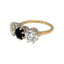 Load image into Gallery viewer, Preowned 9ct Yellow and White Gold Sapphire &amp; Cubic Zirconia Set Trilogy Ring in size H with the weight 2.80 grams. The stones are each 6mm diameter
