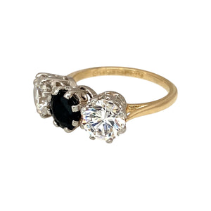 Preowned 9ct Yellow and White Gold Sapphire & Cubic Zirconia Set Trilogy Ring in size H with the weight 2.80 grams. The stones are each 6mm diameter