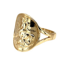 Load image into Gallery viewer, Preowned 9ct Yellow Gold George and the Dragon Coin Style Ring in size T with the weight 4.20 grams. The front of the ring is 19mm high
