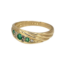 Load image into Gallery viewer, Preowned 9ct Yellow Gold Diamond &amp; Emerald Set Boat Style Ring in size M with the weight 2 grams. The front of the ring is 6mm wide
