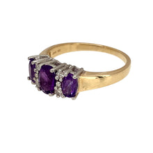 Load image into Gallery viewer, Preowned 9ct Yellow and White Gold Diamond &amp; Amethyst Set Ring in size L with the weight 2.30 grams. The center amethyst stone is 6mm by 4mm
