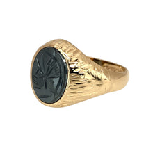 Load image into Gallery viewer, Preowned 9ct Yellow Gold &amp; Hematite Centurion Set Oval Pinky Ring in size G with the weight 2.80 grams. The hematite stone is 10mm by 8mm
