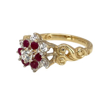 Load image into Gallery viewer, Preowned 9ct Yellow and White Gold Ruby &amp; Cubic Zirconia Set Flower Cluster Ring in size J with the weight 2.80 grams. The front of the ring is 11mm high
