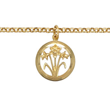 Load image into Gallery viewer, Preowned 9ct Yellow Gold Welsh Daffodil Circle Pendant on an 18&quot; belcher chain with the weight 9.20 grams. The pendant is 2.6cm long including the bail
