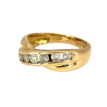 Load image into Gallery viewer, Preowned 18ct Yellow Gold &amp; Diamond Set Crossover Band Ring in size K with the weight 3.90 grams. The band is between 4mm and 7mm wide and there is approximately 0.50ct of diamond content set in total
