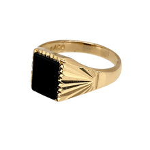 Load image into Gallery viewer, Preowned 9ct Yellow Gold &amp; Onyx Set Patterned Signet Ring in size L with the weight 2.50 grams. The onyx stone is 8mm by 6mm
