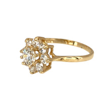 Load image into Gallery viewer, Preowned 9ct Yellow Gold &amp; Cubic Zirconia Set Flower Cluster Ring in size K with the weight 1.60 grams. The front of the ring is 10mm high and the center stone is 4mm diameter
