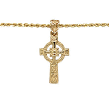 Load image into Gallery viewer, Preowned 9ct Yellow Gold Celtic Cross Pendant on an 18&quot; rope chain with the weight 5.40 grams. The pendant is 3.3cm long including the bail
