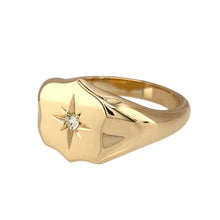 Load image into Gallery viewer, Preowned 9ct Yellow Gold &amp; Diamond Set Shield Signet Ring in size S with the weight 7.60 grams. The front of the ring is 13mm high
