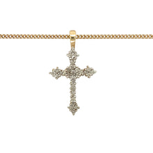 Load image into Gallery viewer, Preowned 9ct Yellow and White Gold &amp; Diamond Set Cross Pendant on an 18&quot; curb chain with the weight 3.80 grams. The pendant is 2.6cm long including the bail
