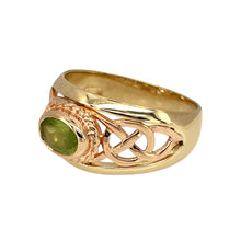 Load image into Gallery viewer, Preowned 9ct Yellow and Rose Gold &amp; Peridot Set Clogau Celtic Wide Band Ring in size P with the weight 4.70 grams. The peridot stone is 5mm by 7mm
