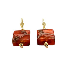 Load image into Gallery viewer, Preowned 9ct Yellow Gold Patterned Red and Gold Resin Square Drop Earrings with the weight 4.80 grams. The resin squares are 12mm by 12mm by 5mm
