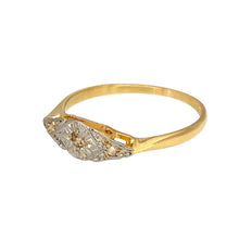 Load image into Gallery viewer, Elevate your jewellery collection with this exquisite preowned 18ct yellow gold &amp; platinum diamond set Art Deco ring, featuring:

Design: A classic Art Deco style, showcasing intricate detailing and sparkling diamonds for a timeless aesthetic.

Material: Expertly crafted from 18-carat yellow gold &amp; platinum, blending warmth with durability.

Size &amp; Weight: Size K, with a lightweight feel at 1.40 grams.

Front Dimensions: The front of the ring measures 5mm wide, offering a delicate yet striking presence.
