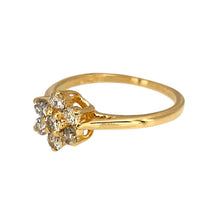 Load image into Gallery viewer, Add a touch of floral elegance to your jewellery collection with this stunning preowned 18ct yellow gold &amp; diamond set flower cluster ring, featuring:

Design: A beautiful flower cluster arrangement, showcasing dazzling diamonds for a timeless and elegant look.

Material: Expertly crafted from 18-carat yellow gold, offering a warm and luxurious finish.

Size &amp; Weight: Size J, with a comfortable wear at 2.10 grams.

Front Dimensions: The front of the ring stands at 8mm high, making a delicate yet eye-catchin
