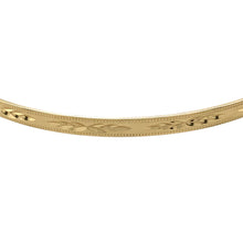 Load image into Gallery viewer, Add a timeless piece to your jewellery collection with this pre-owned 9ct yellow solid gold patterned bangle, featuring:

Design: A classic bangle with an elegant patterned finish, adding subtle detail to a versatile accessory.
Material: 9-carat yellow gold, offering a warm and enduring appeal.
Weight: A well-balanced 3.90 grams, ensuring durability while remaining lightweight.
Dimensions: 3mm wide with a 6.7cm diameter, making it ideal for everyday wear.
A refined and stylish piece, perfect for wearing alo
