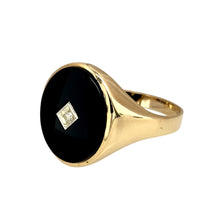 Load image into Gallery viewer, Add a bold and sophisticated piece to your jewellery collection with this pre-owned 9ct yellow gold diamond &amp; onyx set oval cut signet ring, featuring:

Design: A classic oval-cut signet ring, featuring a striking black onyx stone accented with a subtle diamond detail.
Material: 9-carat yellow gold, offering a warm and timeless appeal.
Gemstone: Features a 14mm by 12mm onyx, creating a bold and distinguished look, enhanced by a sparkling diamond accent.
Size &amp; Weight: Designed in size S, with a well-balance
