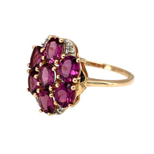 Load image into Gallery viewer, Add a vibrant and elegant piece to your jewellery collection with this pre-owned 9ct yellow gold diamond &amp; pink tourmaline set cluster ring, featuring:

Design: A classic cluster ring, showcasing beautiful pink tourmaline stones surrounded by sparkling diamonds for added brilliance.
Material: 9-carat yellow gold, offering a warm and timeless appeal.
Gemstones: Features 5mm by 4mm pink tourmaline stones, complemented by dazzling diamond accents for a sophisticated finish.
Size &amp; Weight: Designed in size N to
