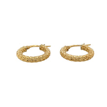 Load image into Gallery viewer, Add a stylish and elegant touch to your jewellery collection with these pre-owned 9ct yellow gold criss-cross style patterned hoop creole earrings, featuring:

Design: Classic creole hoop earrings with an intricate criss-cross pattern, adding texture and sophistication.
Material: 9-carat yellow gold, offering a warm and timeless appeal.
Weight: A well-balanced 2.50 grams, ensuring durability while remaining comfortable to wear.
A versatile and elegant accessory, perfect for everyday wear or adding a subtle 
