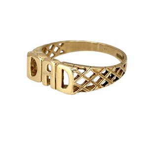 Add a meaningful and stylish piece to your jewellery collection with this pre-owned 9ct yellow gold Dad ring, featuring:

Design: A classic Dad ring, with a bold front and open basket-style shoulders for added detail.
Material: 9-carat yellow gold, offering a warm and timeless appeal.
Size & Weight: Designed in size T, with a solid weight of 3 grams for a comfortable and durable fit.
Front Dimensions: Measures 7mm high, making it a subtle yet meaningful statement piece.
