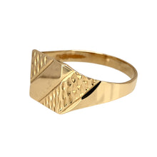 Load image into Gallery viewer, Add a bold and stylish piece to your jewellery collection with this pre-owned 9ct yellow gold patterned square signet ring, featuring:

Design: A classic square signet ring, enhanced with an intricate patterned finish for added character and elegance.
Material: 9-carat yellow gold, offering a warm and timeless appeal.
Size &amp; Weight: Designed in size X, with a solid weight of 2.80 grams for a comfortable and durable fit.
Front Dimensions: Measures 11mm high, making it a noticeable yet refined piece.

