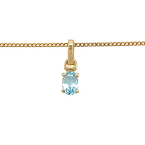 Add a touch of elegance and colour to your jewellery collection with this pre-owned 9ct yellow gold & oval blue topaz set pendant necklace, featuring:

Design: A classic oval blue topaz pendant, set in yellow gold for a timeless and sophisticated look.
Material: 9-carat yellow gold, offering a warm and refined finish.
Gemstone: Features a 6mm by 4mm oval blue topaz, known for its vibrant hue and calming properties.
Chain: Paired with a 16-inch curb chain, creating a delicate and elegant fit.
