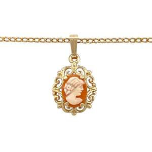 Add a touch of vintage elegance to your jewellery collection with this pre-owned 9ct yellow gold & cameo fancy pendant necklace, featuring:

Design: A classic cameo pendant, set in an ornate gold frame for a timeless and sophisticated look.
Material: 9-carat yellow gold, providing a warm and refined finish.
Gemstone: Features a 10mm by 8mm cameo, showcasing intricate detailing for a vintage-inspired charm.
Chain: Paired with a 17-inch curb chain, offering a delicate and elegant fit.
