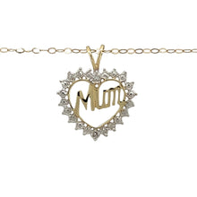 Load image into Gallery viewer, Celebrate love and appreciation with this pre-owned 9ct yellow and white gold Mum heart pendant necklace, featuring:

Design: A charming heart-shaped pendant with the word &quot;Mum&quot;, symbolising love and gratitude.
Material: A combination of 9-carat yellow and white gold, creating a beautiful two-tone contrast.
Size &amp; Weight: The pendant measures 2cm long including the bail, with a lightweight yet durable 1.10 grams for comfortable wear.
Chain: Paired with an 18-inch curb chain, offering a classic and elegant l
