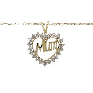 Celebrate love and appreciation with this pre-owned 9ct yellow and white gold Mum heart pendant necklace, featuring:

Design: A charming heart-shaped pendant with the word "Mum", symbolising love and gratitude.
Material: A combination of 9-carat yellow and white gold, creating a beautiful two-tone contrast.
Size & Weight: The pendant measures 2cm long including the bail, with a lightweight yet durable 1.10 grams for comfortable wear.
Chain: Paired with an 18-inch curb chain, offering a classic and elegant l