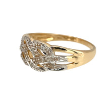 Load image into Gallery viewer, Add a meaningful and elegant piece to your jewellery collection with this pre-owned 9ct yellow and white gold &amp; diamond set Celtic knot style band ring, featuring:

Design: A beautifully intricate Celtic knot pattern, symbolising eternity, love, and unity, enhanced with sparkling diamonds.
Material: 9-carat yellow and white gold, creating a striking two-tone contrast that highlights the detailed design.
Gemstones: Set with diamonds, adding brilliance and sophistication to the ring.
Size &amp; Weight: Designed i
