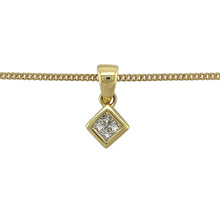 Load image into Gallery viewer, Add a touch of brilliance and sophistication to your jewellery collection with this pre-owned 18ct yellow gold &amp; diamond illusion-set princess cut square pendant necklace, featuring:

Design: A stunning illusion-set square pendant, created by setting four princess-cut diamonds together to give the appearance of a larger single stone.
Material: 18-carat yellow gold, offering a luxurious and timeless finish.
Gemstones: Set with princess-cut diamonds, designed to maximise sparkle and elegance.
