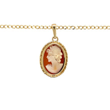 Load image into Gallery viewer, Add a touch of vintage charm to your jewellery collection with this pre-owned 9ct yellow gold &amp; oval cameo pendant necklace, featuring:

Design: A classic oval cameo pendant, showcasing an elegant and timeless profile.
Material: 9-carat yellow gold, offering a warm and refined finish.
Gemstone: Features a 13mm by 9mm cameo stone, beautifully detailed for a vintage-inspired look.
Size &amp; Weight: The pendant measures 2.4cm long including the bail, with a total weight of 2.20 grams
