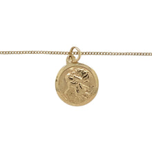 Load image into Gallery viewer, Add a meaningful and timeless piece to your jewellery collection with this pre-owned 9ct yellow gold round small St Christopher pendant necklace, featuring:

Design: A classic round St Christopher pendant, symbolising protection and safe travels.
Material: 9-carat yellow gold, offering a warm and enduring appeal.
Size &amp; Weight: The pendant measures 1.7cm long including the bail, with a lightweight yet durable 1.40 grams for comfortable wear.

