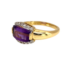 Load image into Gallery viewer, Add a touch of elegance and luxury to your jewellery collection with this pre-owned 18ct yellow gold diamond &amp; amethyst set ring, featuring:

Design: A sophisticated gemstone ring, showcasing a striking amethyst accented with sparkling diamonds for a refined look.
Material: 18-carat yellow gold, with the diamonds set in white gold to enhance their brilliance.
Gemstones: Features a 10mm by 6mm amethyst, known for its rich purple hue, complemented by diamond accents for added sparkle.

